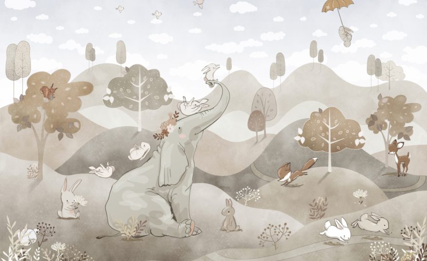 Olifant en vriendjes bruin fotobehang