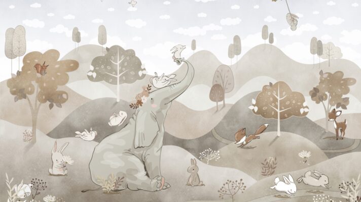 Olifant en vriendjes bruin fotobehang